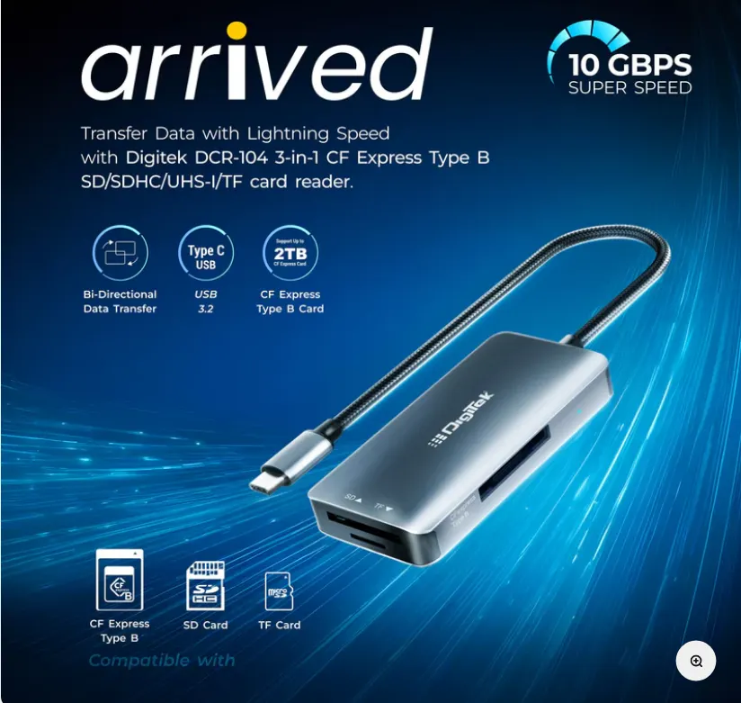 Digitek DCR-104 CFB USB 3.2 3-in-1 Card Reader (CFexpress Type B, SD, TF)